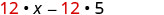 An algebraic expression is displayed, featuring 12 multiplied by x, minus 12 multiplied by 5, highlighting the common factor of 12 in a subtraction operation.